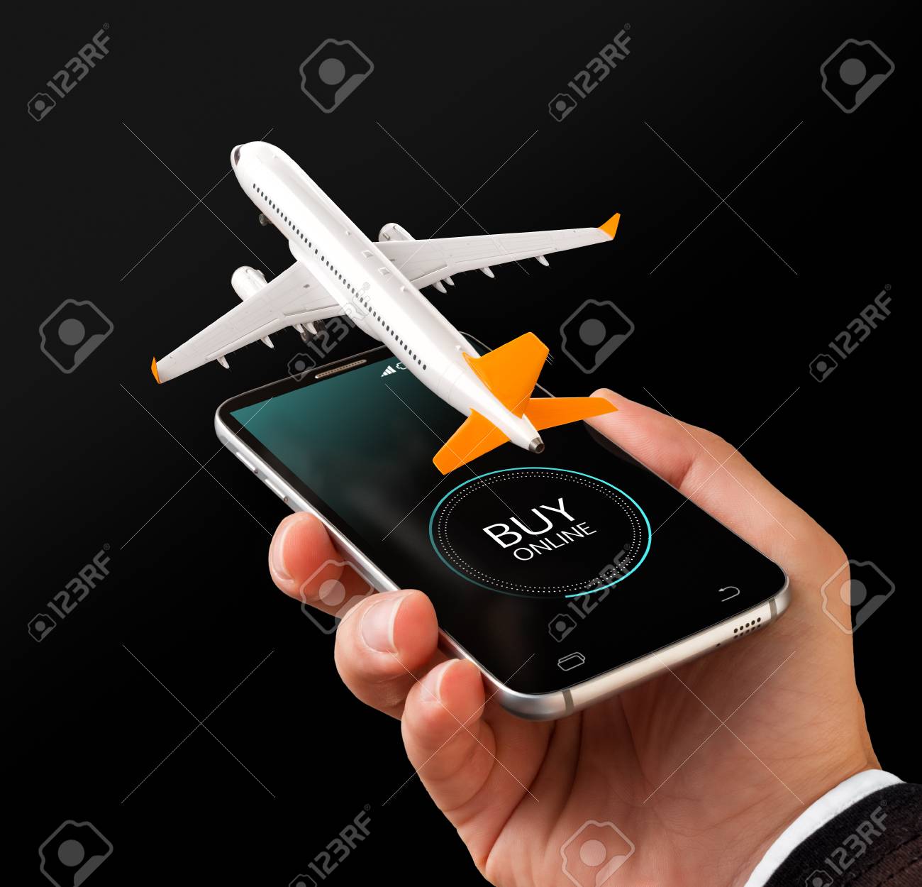 Smartphone application for online searching, buying and booking flights on the internet. Unusual 3D illustration of commercial airplane on smartphone in hand - 85250987 Smartphone application for online searching, buying and booking flights on the internet. Unusual 3D illustration of commercial airplane on smartphone in hand - 85250987
