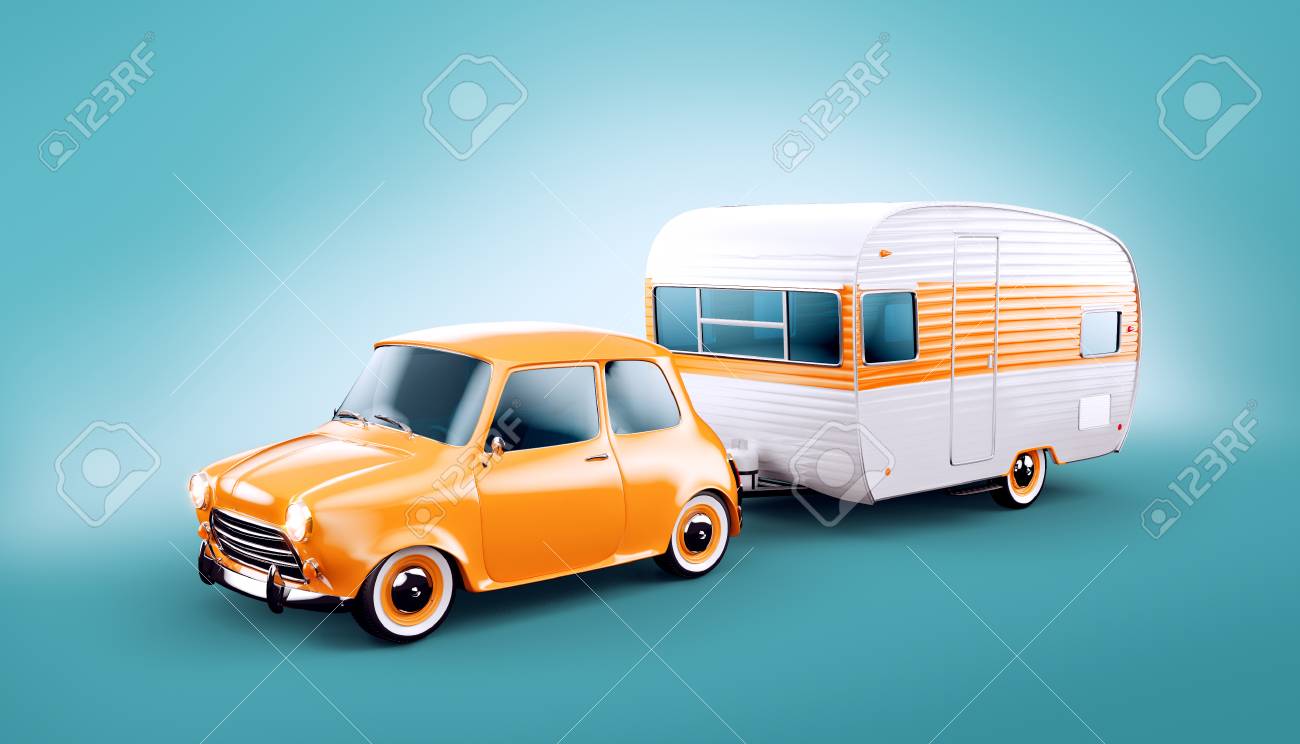 白いトレーラーとレトロな車は キャラバンの珍しい 3 D イラスト キャンプや旅行のコンセプト の写真素材 画像素材 Image