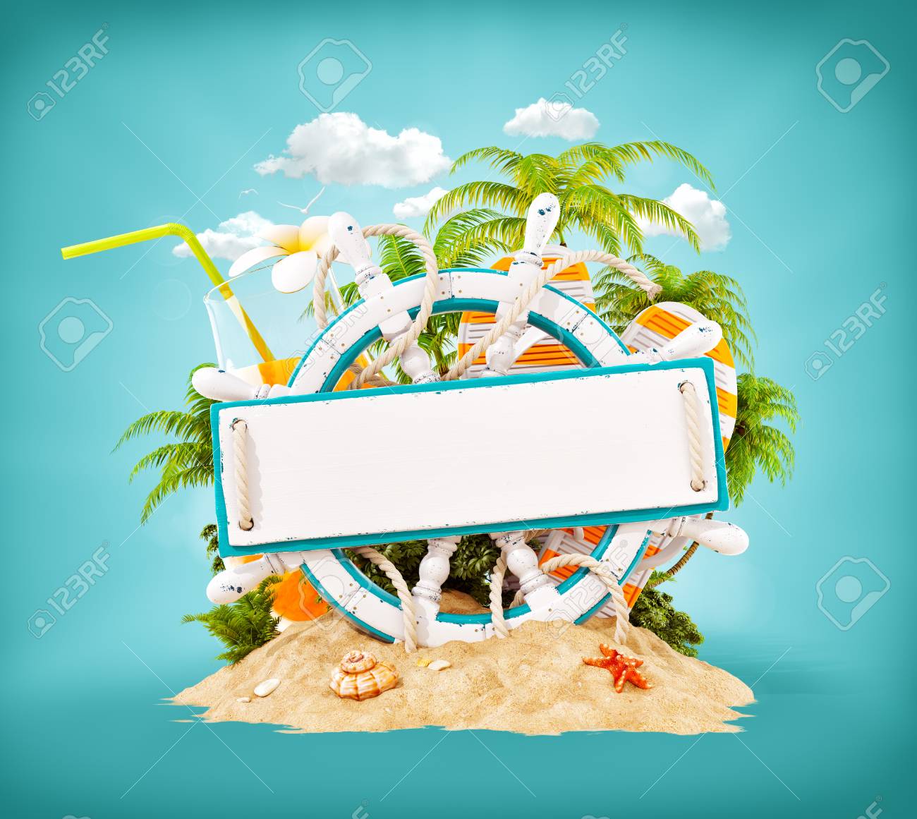 Wooden helm with a blank wooden plank for text on sand. Unusual 3D illustration. Travel and vacation concept. - 96347670 Wooden helm with a blank wooden plank for text on sand. Unusual 3D illustration. Travel and vacation concept. - 96347670