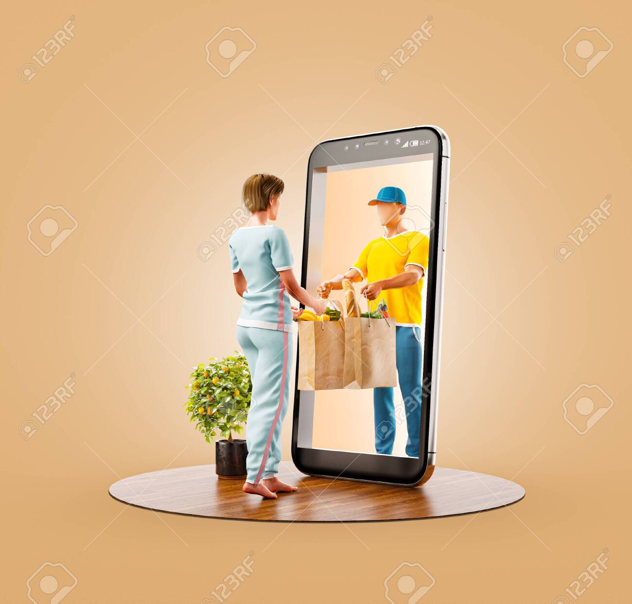 Unusual 3d illustration of a Young woman receiving order from courier. Food delivery service smart phone application. Smartphone apps concept. - 129882260 Unusual 3d illustration of a Young woman receiving order from courier. Food delivery service smart phone application. Smartphone apps concept. - 129882260