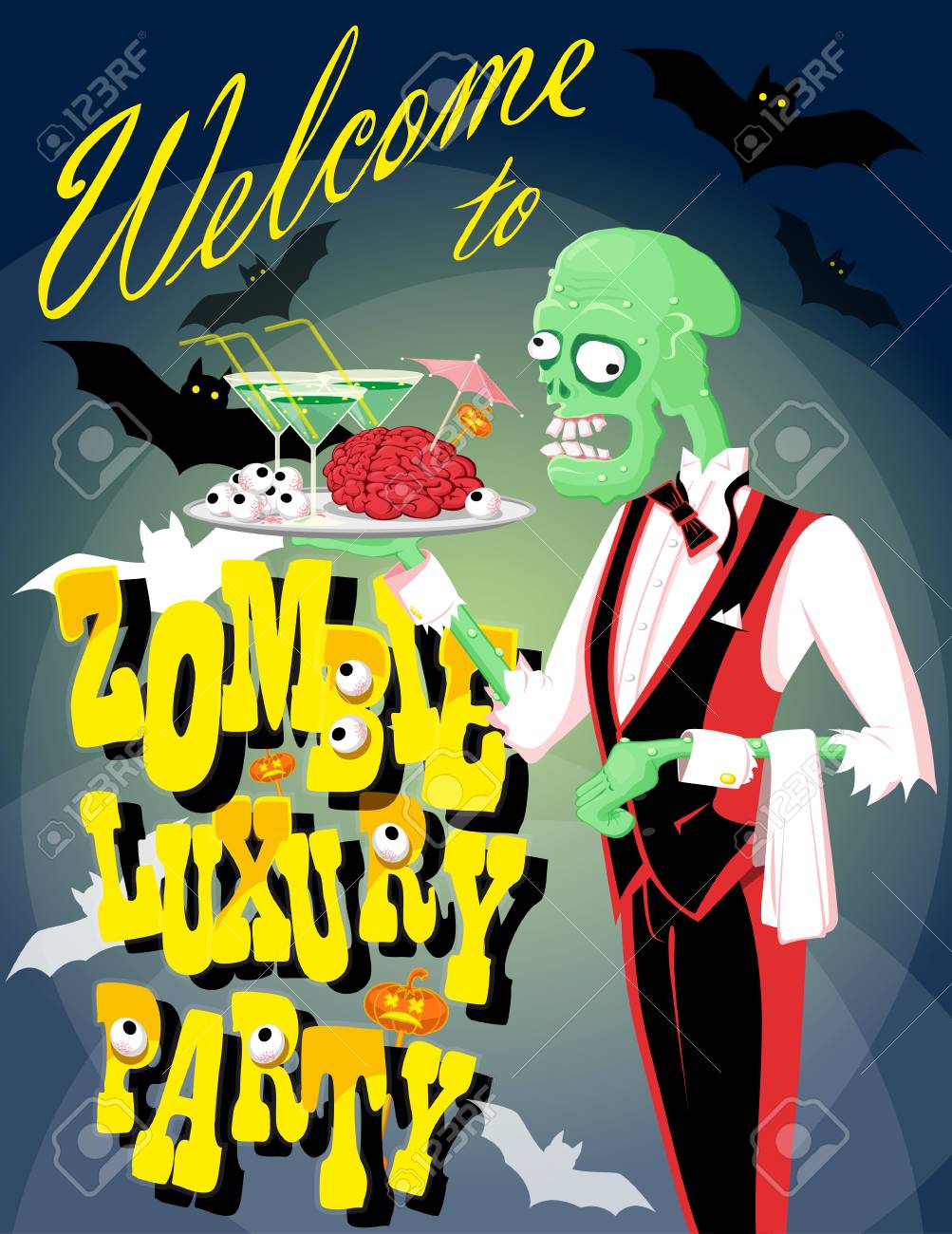 halloween background funny zombie waiter with cocktail and brain