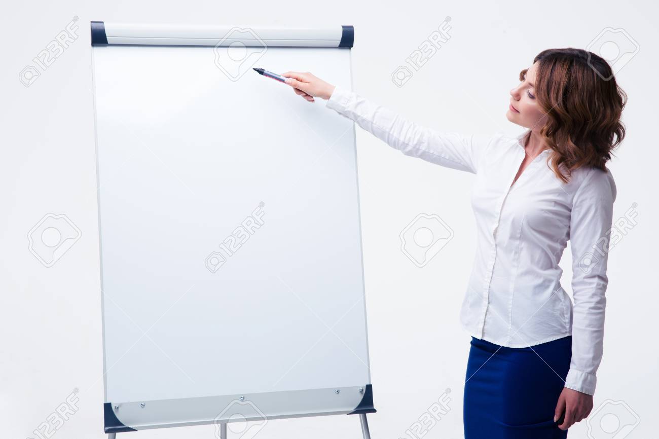 beautiful businesswoman presenting strategy on flipchart isolated presenting strategy