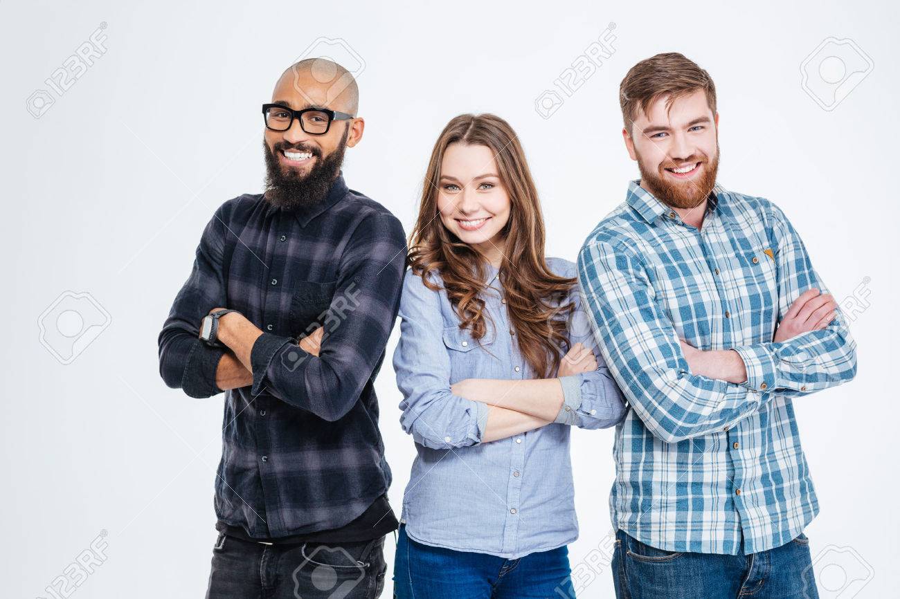 Multiethnic group of three confident smiling students standing - 52190934 Multiethnic group of three confident smiling students standing - 52190934
