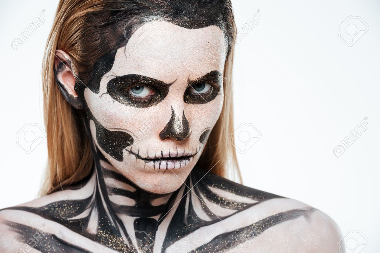 Woman With Terrifying Skeleton Makeup Over White Background Stock Photo Picture And Royalty Free Image Image 63163651