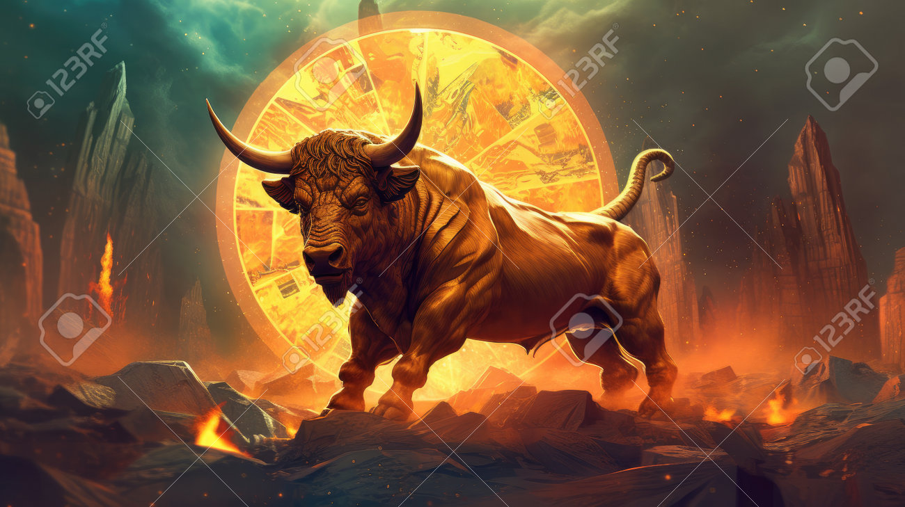 暗号通貨ビットコインのシンボルを持つ雄牛が月に立っており、ビットコインの価値の急騰を表しています。AI生成の写真素材・画像素材 Image  219168817