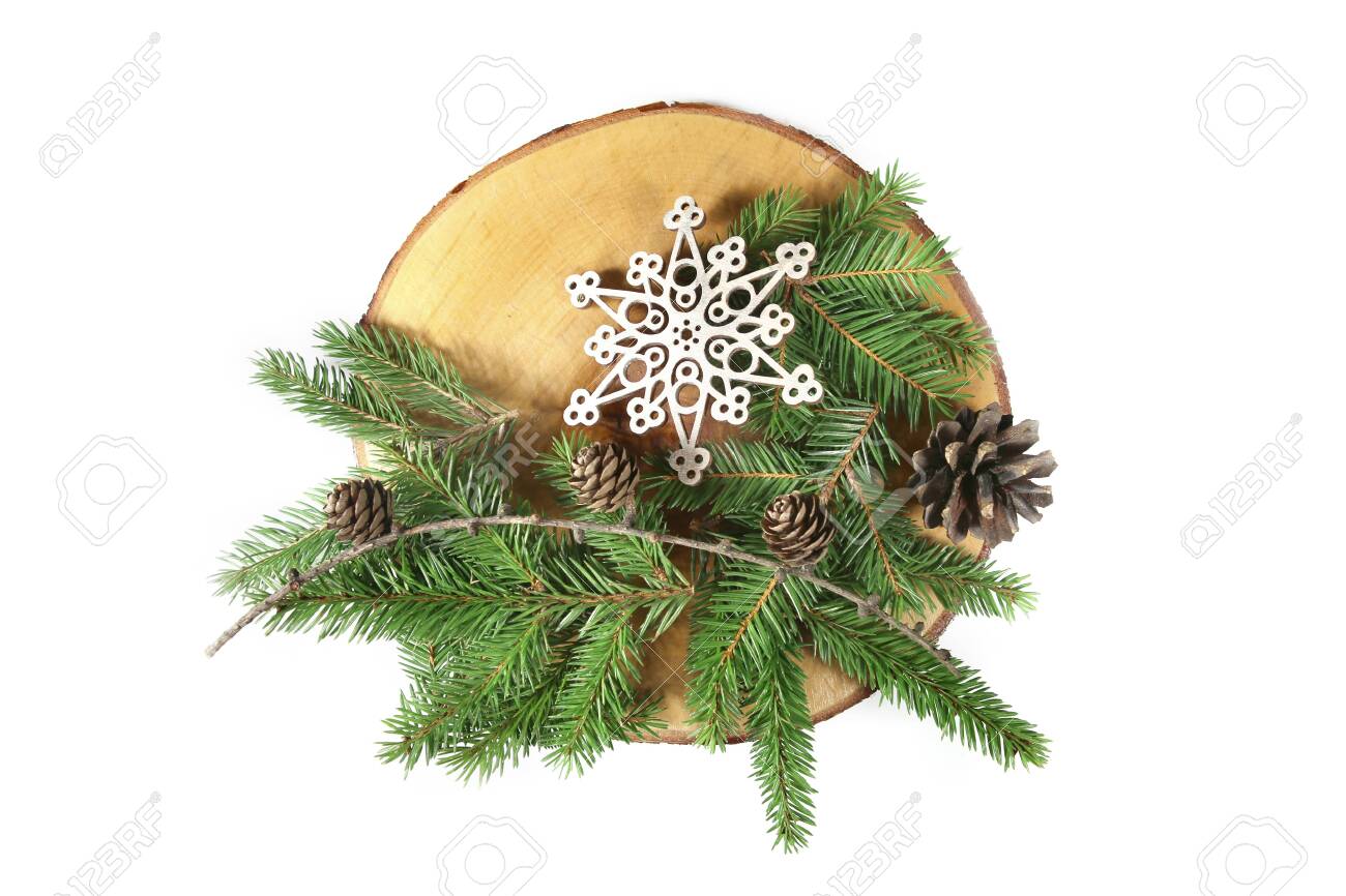 Serving Wood Tray With Decorative Snowflake Fir Branches And Stock Photo Picture And Royalty Free Image Image 136586287