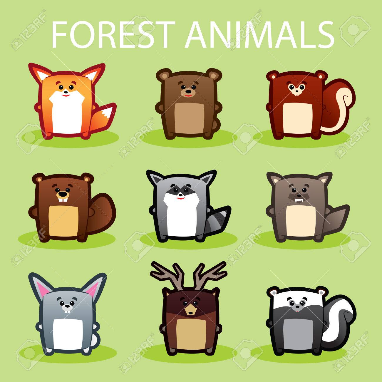 緑の背景のかわいい森の動物のイラスト のイラスト素材 ベクタ Image 緑の背景のかわいい森の動物のイラスト のイラスト素材 ベクタ Image