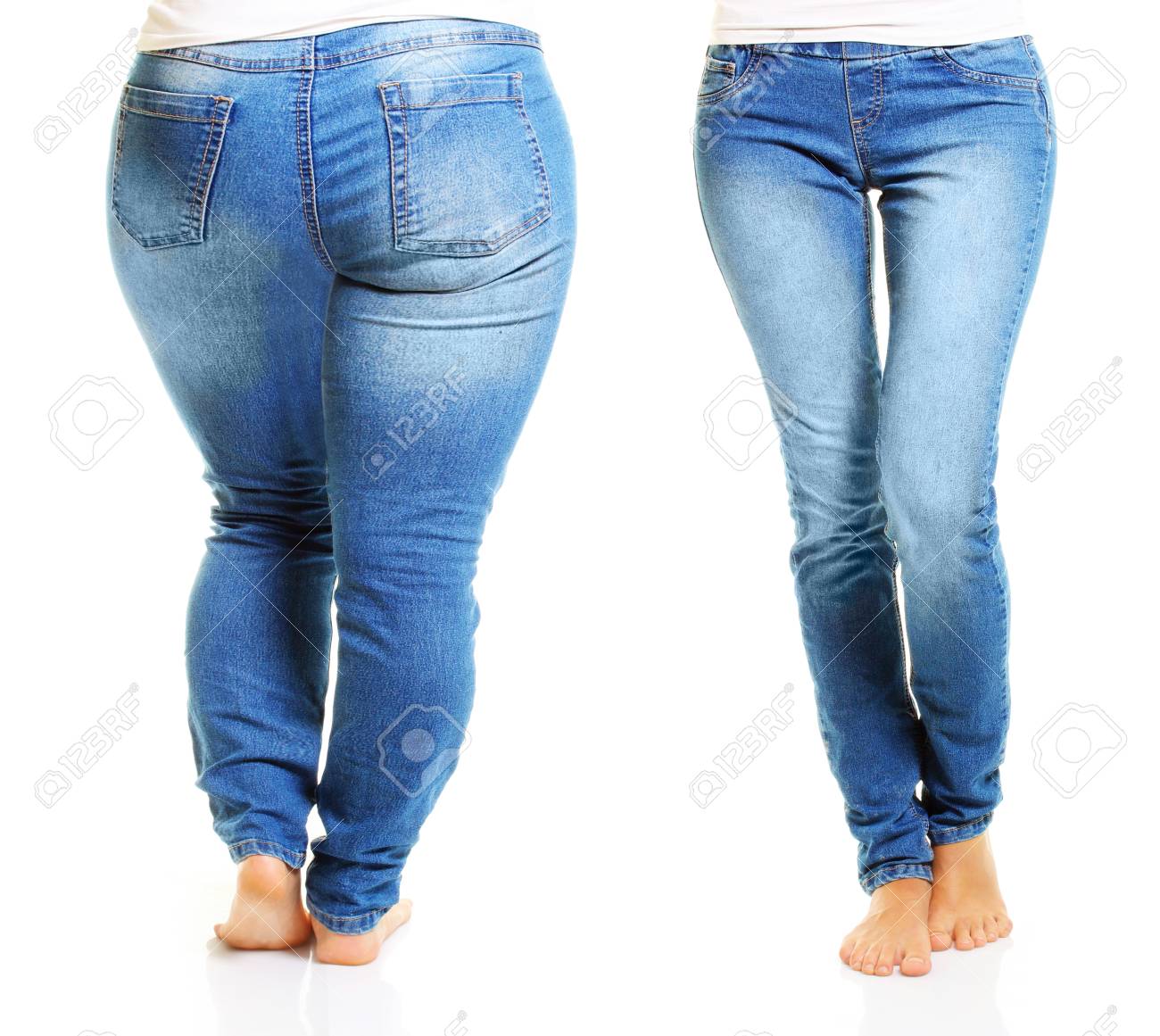Frau In Den Blue Jeans Lokalisiert Auf Weissem Hintergrund Von Fett Zu Dunn Diat Konzept Lizenzfreie Fotos Bilder Und Stock Fotografie Image 61201364
