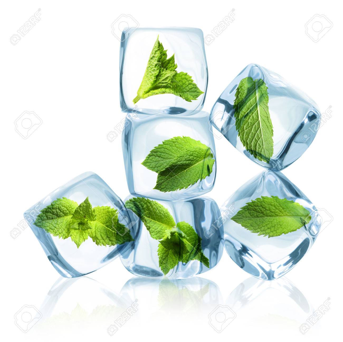 Ice cubes with green mint leaves isolated on white background. - 61201301 Ice cubes with green mint leaves isolated on white background. - 61201301