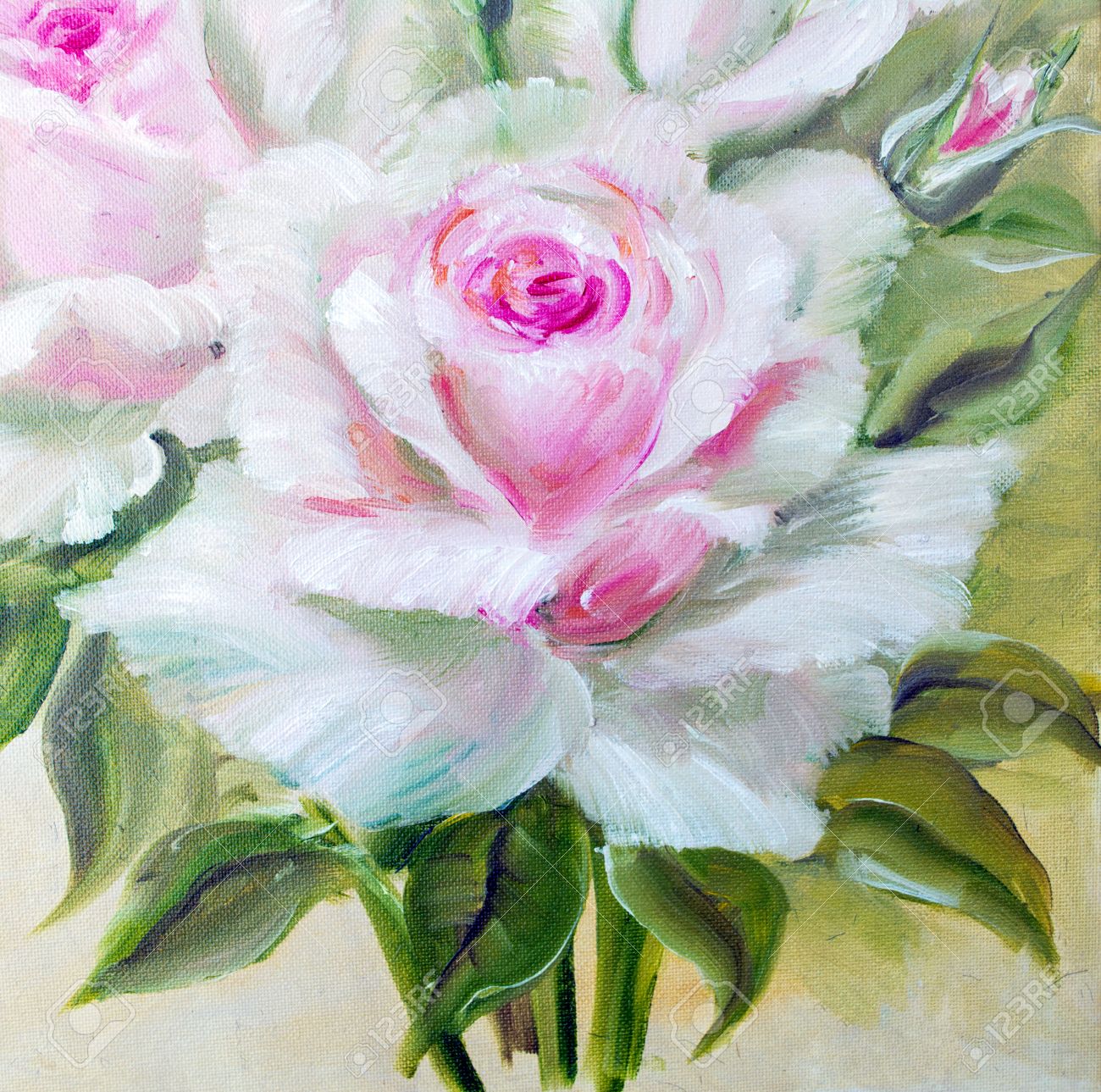 Vinage White Pink Roses Oil Painting On Canvas Stock Photo Picture And Royalty Free Image Image