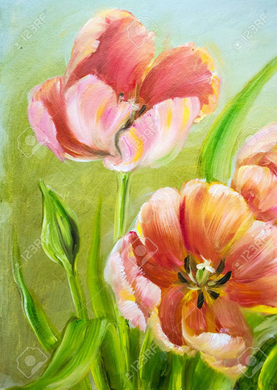 ビンテージ赤いチューリップ。キャンバス油彩画。の写真素材・画像素材
