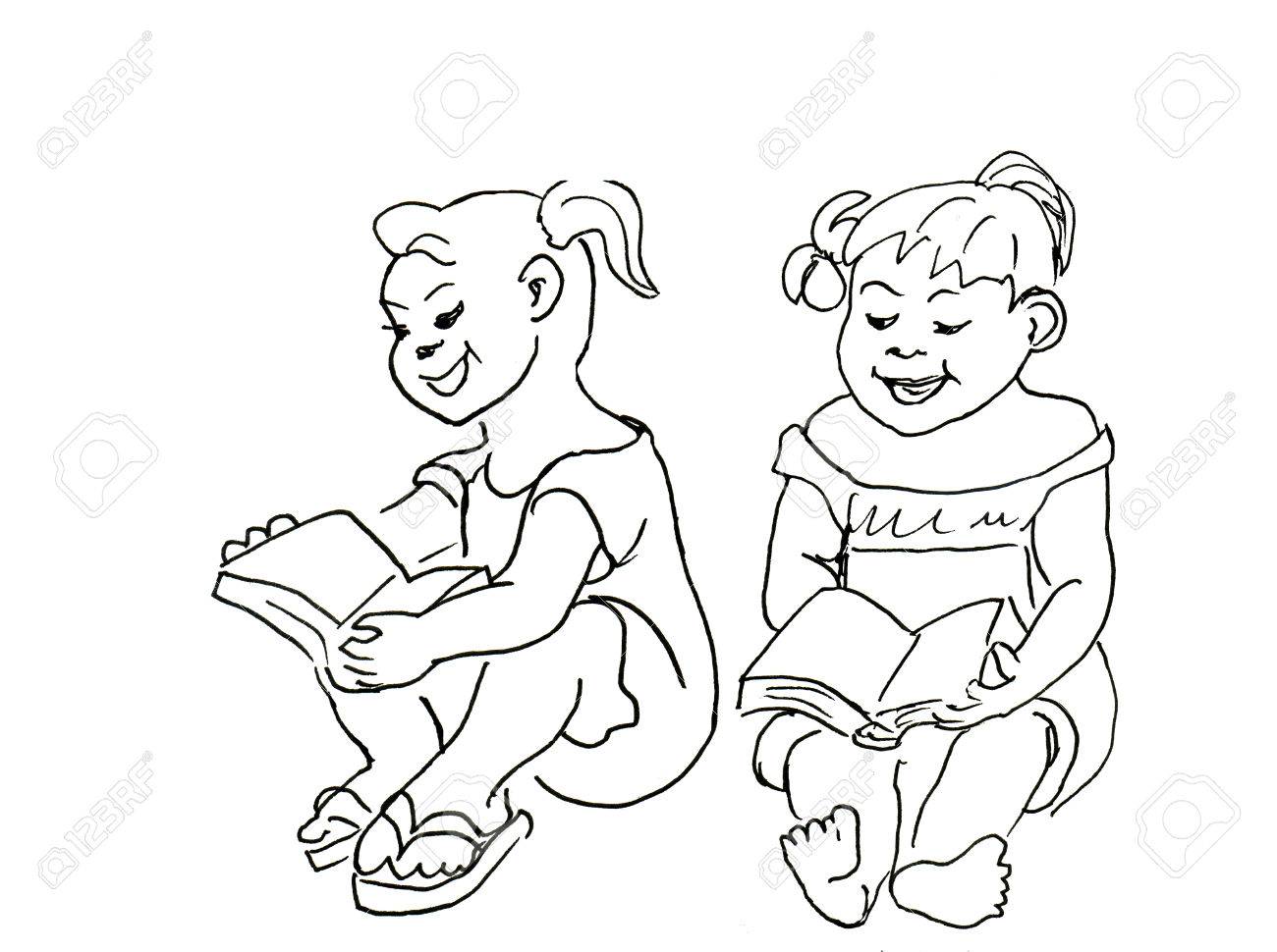 Small Girls Sitting And Reading A Book Hand Drawn Ink Sketch