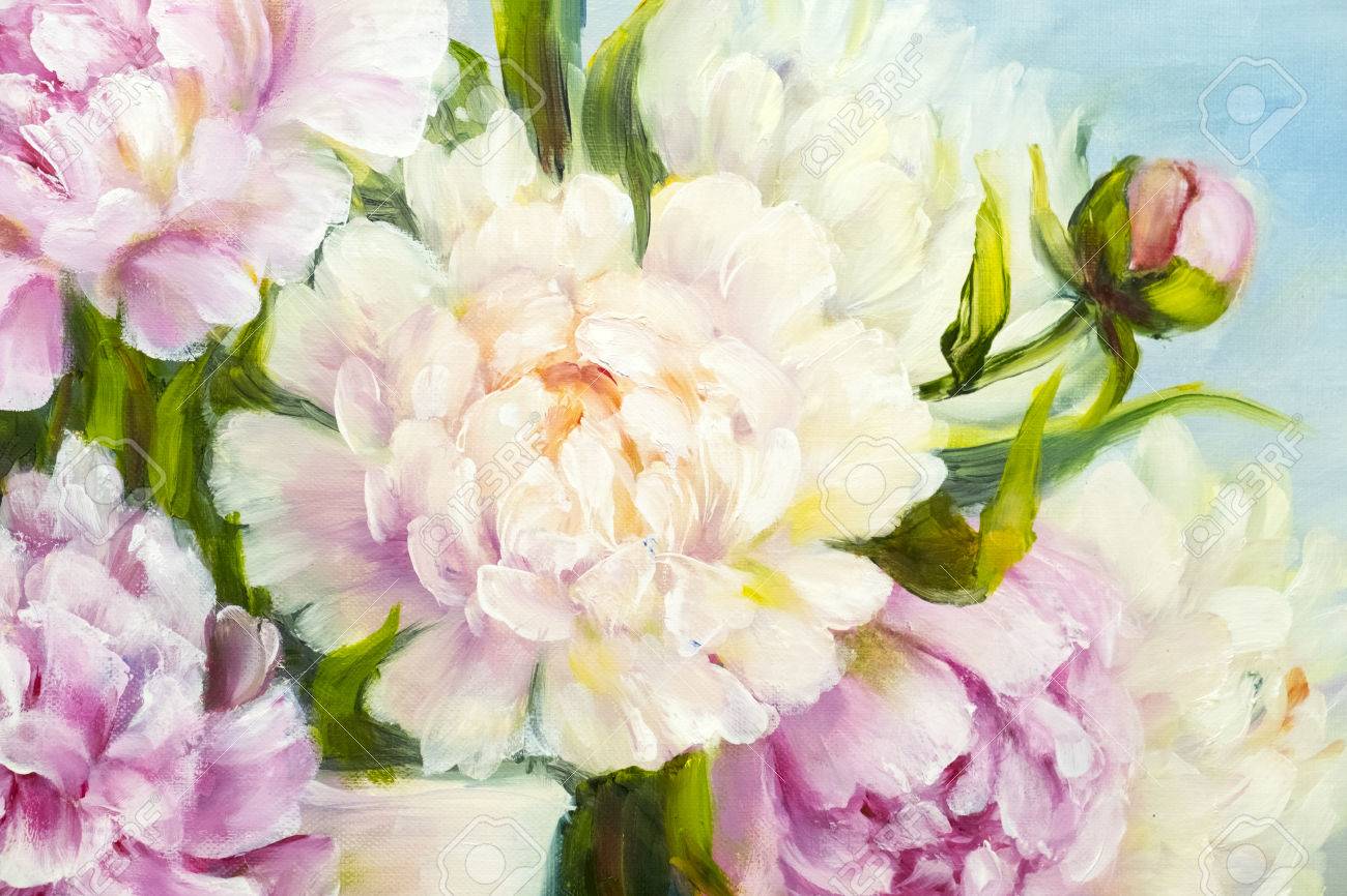 ピンクと白の牡丹の背景 油絵花テクスチャ の写真素材 画像素材 Image