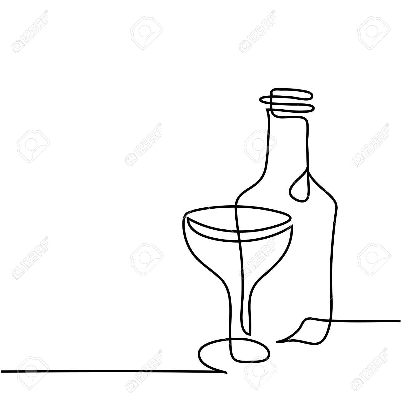 continuous line drawing wine bottle and glass contour black