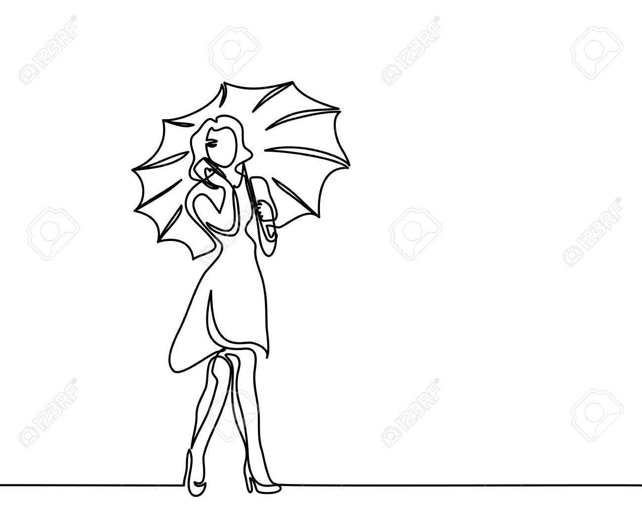 Mujer Feliz Hablando Por Con Paraguas. Dibujo Lineal Continuo. Ilustraciones Svg, Vectoriales, Clip Art Libre De Derechos. Image 81503150.