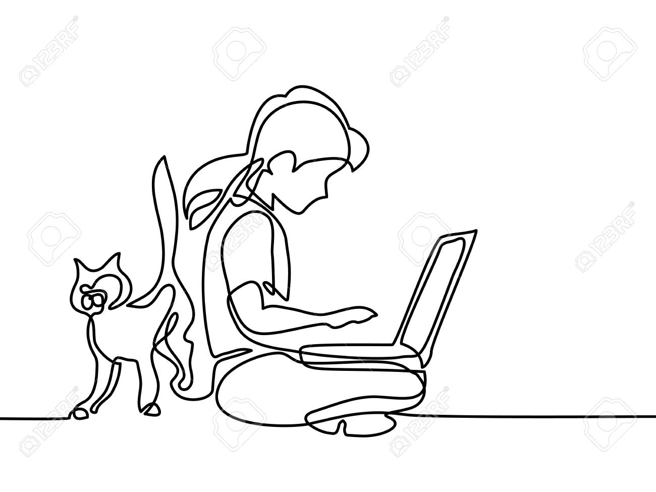 Girl studing with notebookand cat walking near. Back to school concept. Continuous line drawing. Vector illustration on white background - 82927229 Girl studing with notebookand cat walking near. Back to school concept. Continuous line drawing. Vector illustration on white background - 82927229