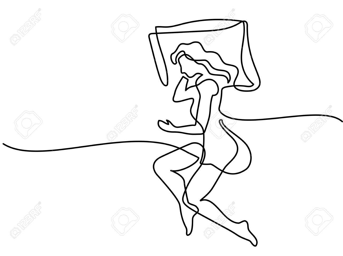 連続線の描画 ポーズの枕の上に寝ている美しい女性 ベクトル図 の写真素材 画像素材 Image