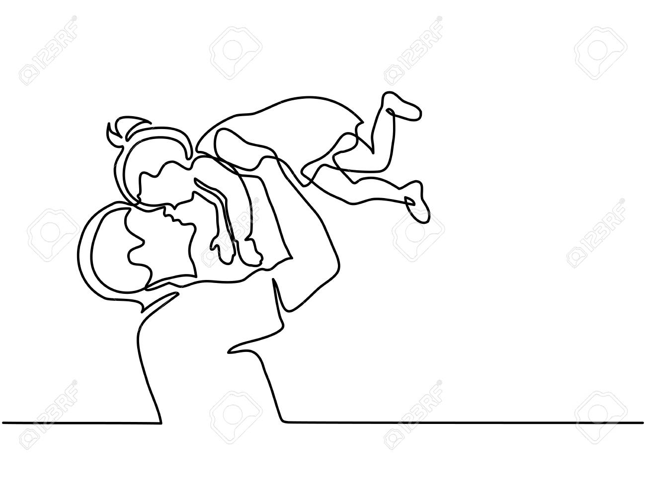 幸せな娘を抱きしめる連続線描き父 のイラスト素材 ベクタ Image