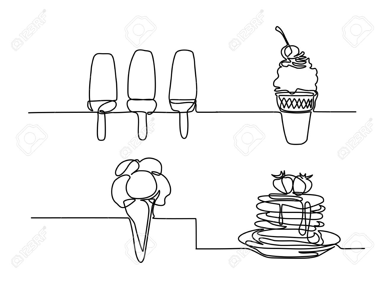 チェリー付きワッフルカップにアイスクリームの連続線画をセット のイラスト素材 ベクタ Image チェリー付きワッフルカップにアイスクリームの連続線画をセット のイラスト素材 ベクタ Image