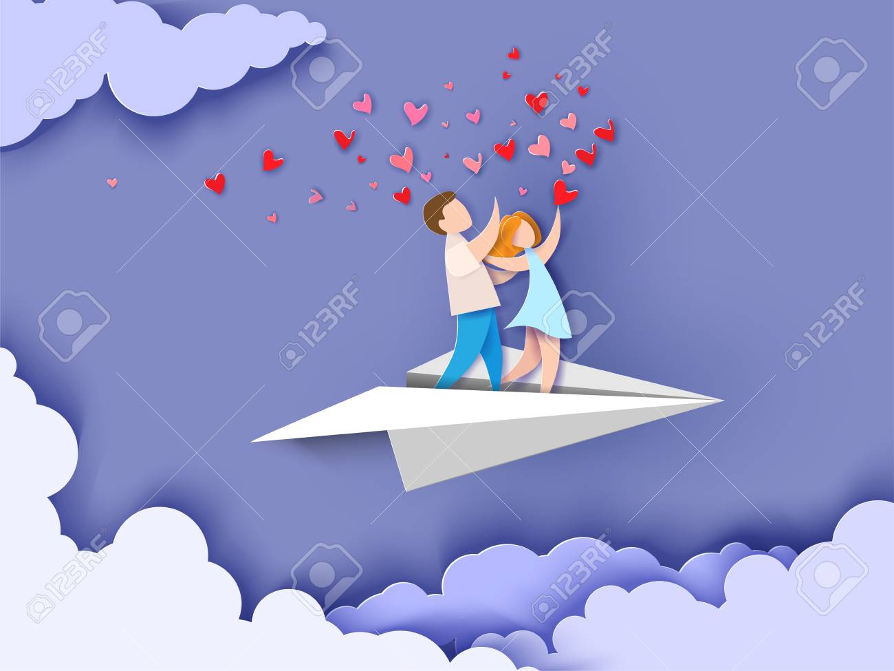 Valentines day card. Abstract background with couple in love flying on paper airplane, hearts and blue sky. Vector illustration. Paper cut and craft style. - 94781431 Valentines day card. Abstract background with couple in love flying on paper airplane, hearts and blue sky. Vector illustration. Paper cut and craft style. - 94781431
