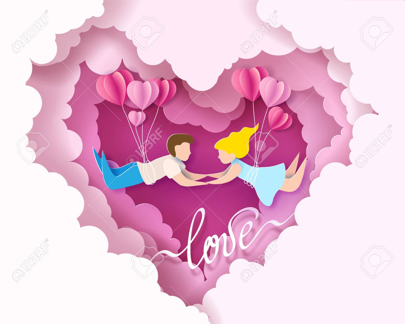 Valentines day card. Abstract background with couple in love flying, hearts balloons and blue sky. Vector illustration. Paper cut and craft style. - 94696327 Valentines day card. Abstract background with couple in love flying, hearts balloons and blue sky. Vector illustration. Paper cut and craft style. - 94696327