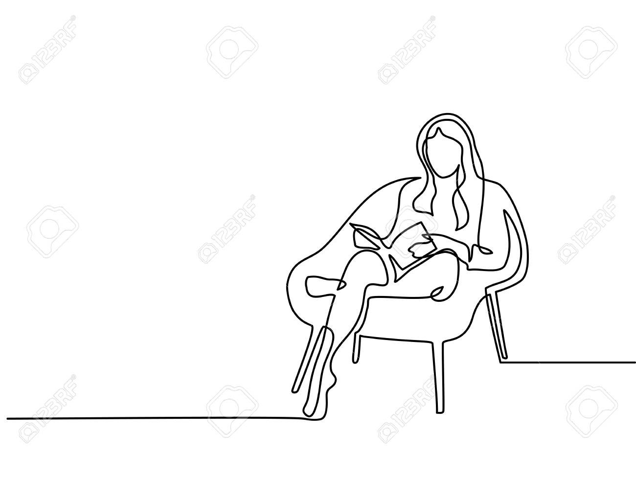 Continuous line drawing. Woman sitting with book in chair. Vector illustration - 95020271 Continuous line drawing. Woman sitting with book in chair. Vector illustration - 95020271