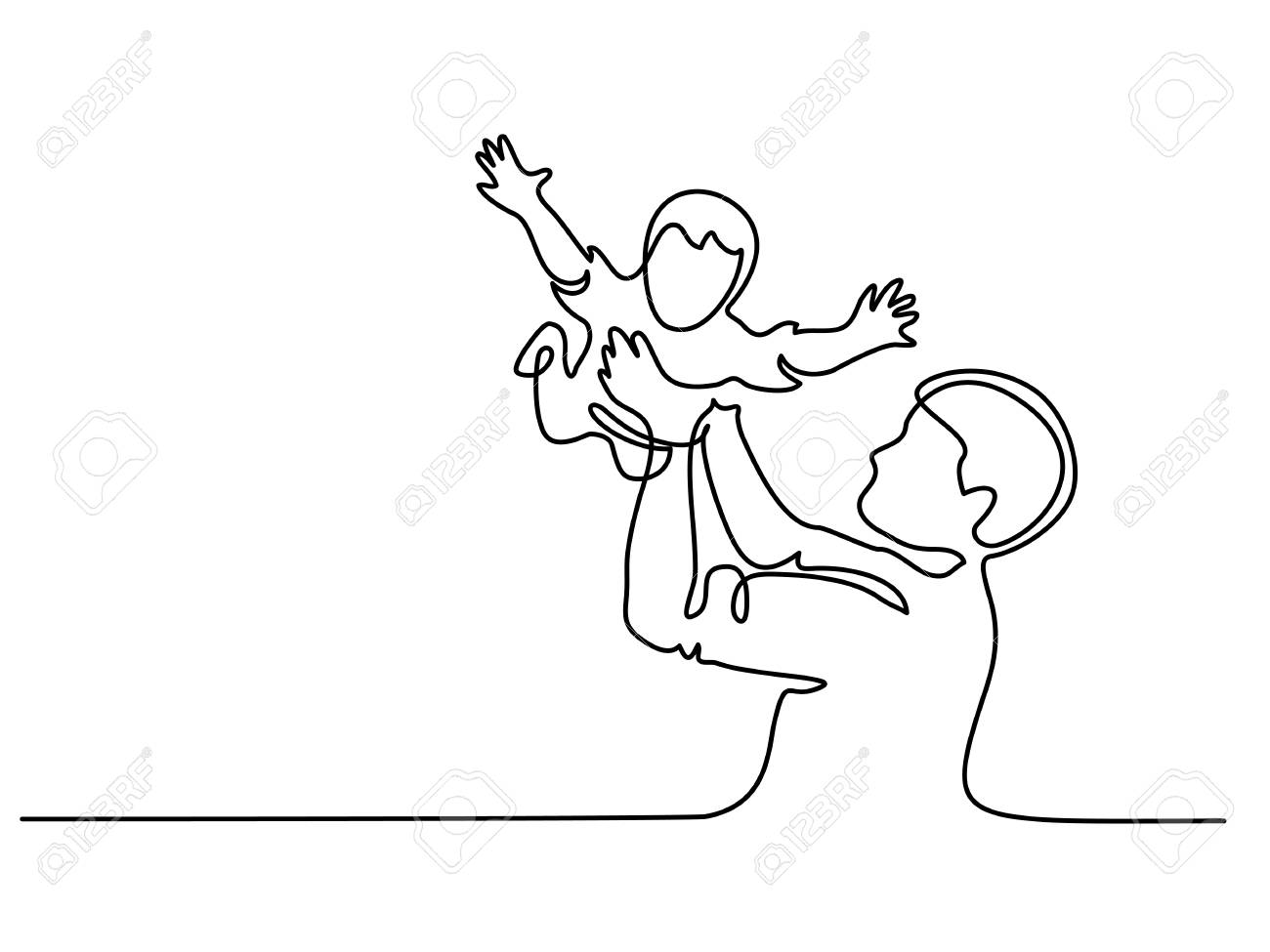 Continuous line drawing. Father holding happy son up in air vector illustration. - 95338048 Continuous line drawing. Father holding happy son up in air vector illustration. - 95338048