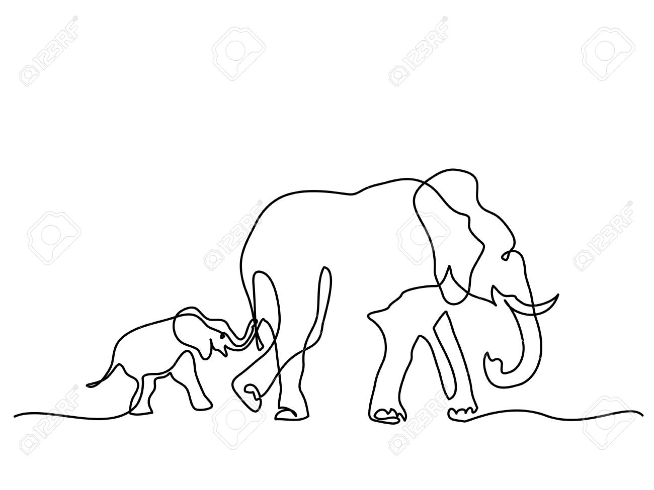 Dibujo Lineal Continuo Mama Elefante Con Simbolo De Bebe Caminando Ilustraciones Vectoriales Clip Art Vectorizado Libre De Derechos Image