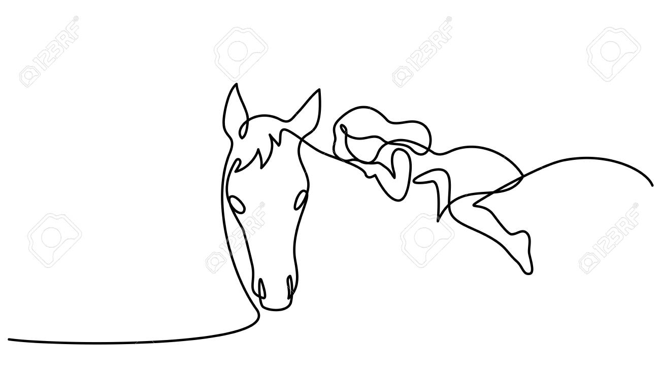 Continuous One Line Drawing Small Girl Riding A Horse Black
