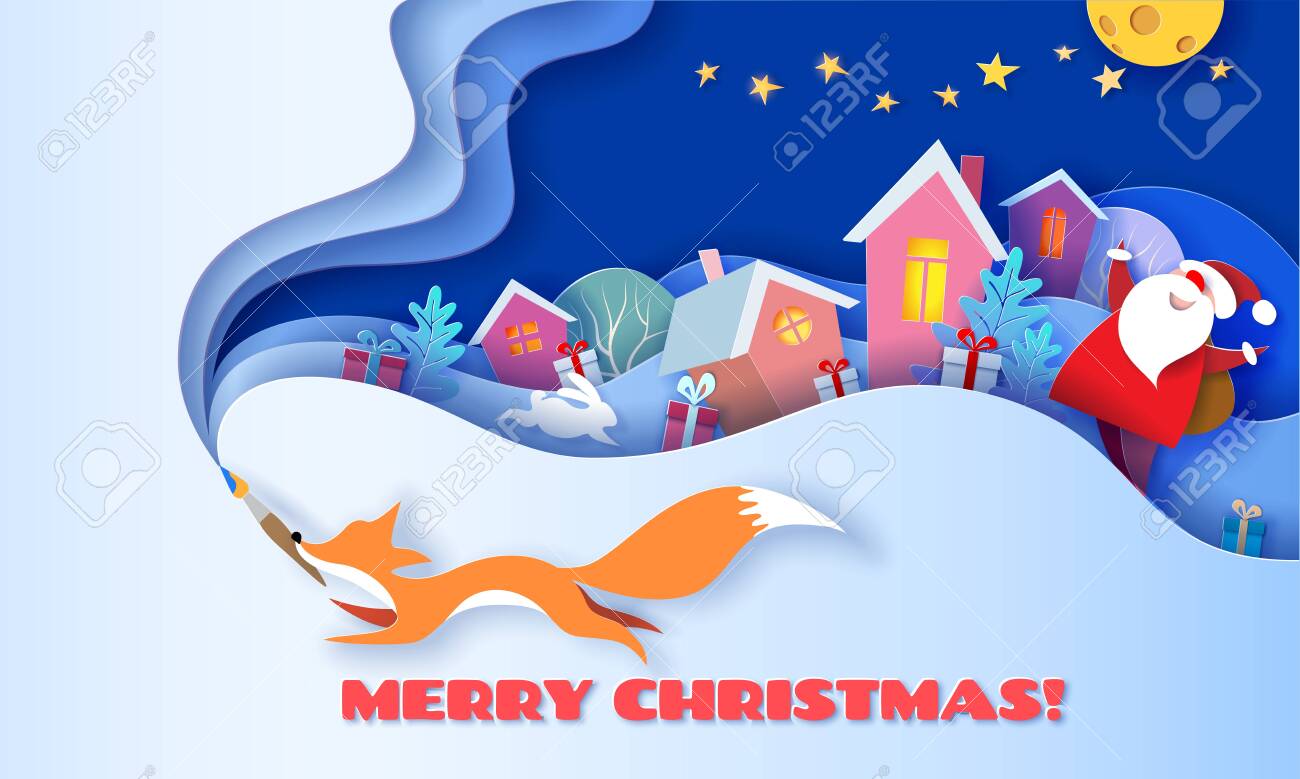 Horizontal banner Merry Christmas. Fox running with brush on blue background and multi layered shapes with trees and village. 3D paper cut art style. Vector illustration. - 131619081 Horizontal banner Merry Christmas. Fox running with brush on blue background and multi layered shapes with trees and village. 3D paper cut art style. Vector illustration. - 131619081