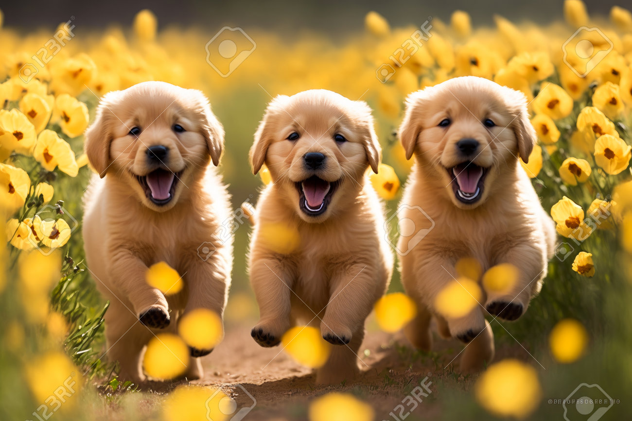 Three Golden Retriever Puppies Running Through Field Of Yellow Flowers.  Generative AI. Stock Photo, Picture and Royalty Free Image. Image 200331834., image size:1300x867
