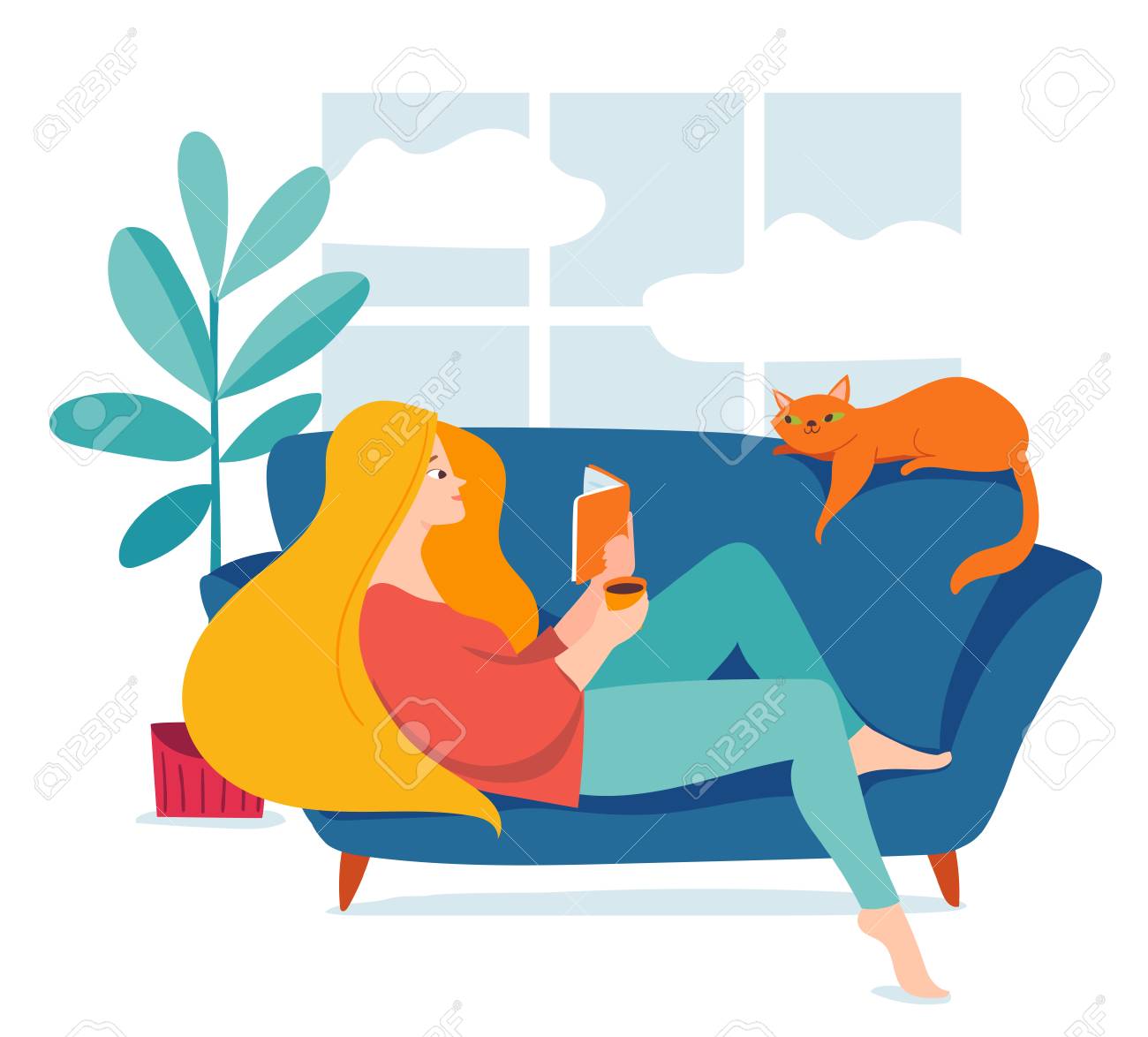 Hygge illustration with a womal reading a book - 120946650 Hygge illustration with a womal reading a book - 120946650