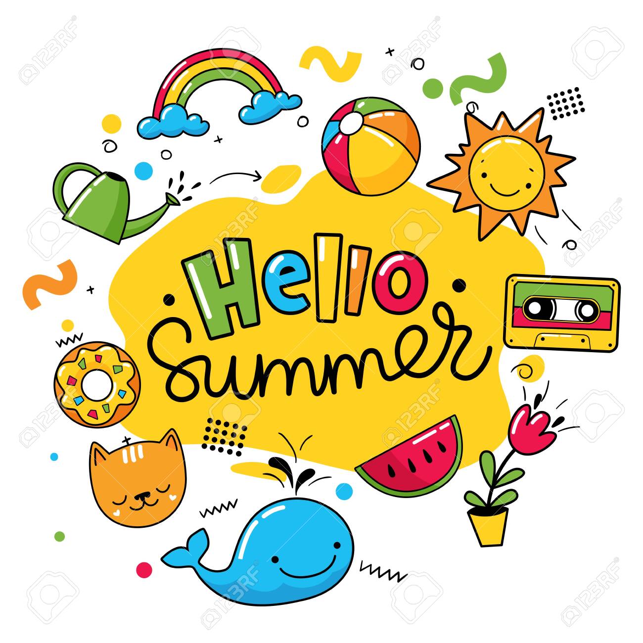 Download Hello Summer Vector Design With Summer Symbols And Text Royalty Free Cliparts Vectors And Stock Illustration Image 143066621