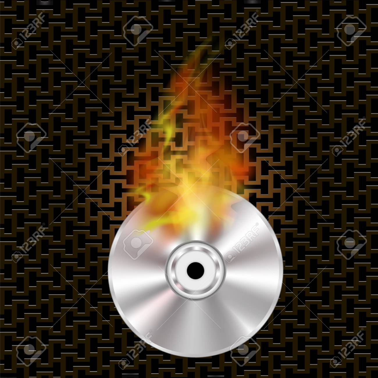 grey digital burning compact disc with fire and flame on dark compact disc burning