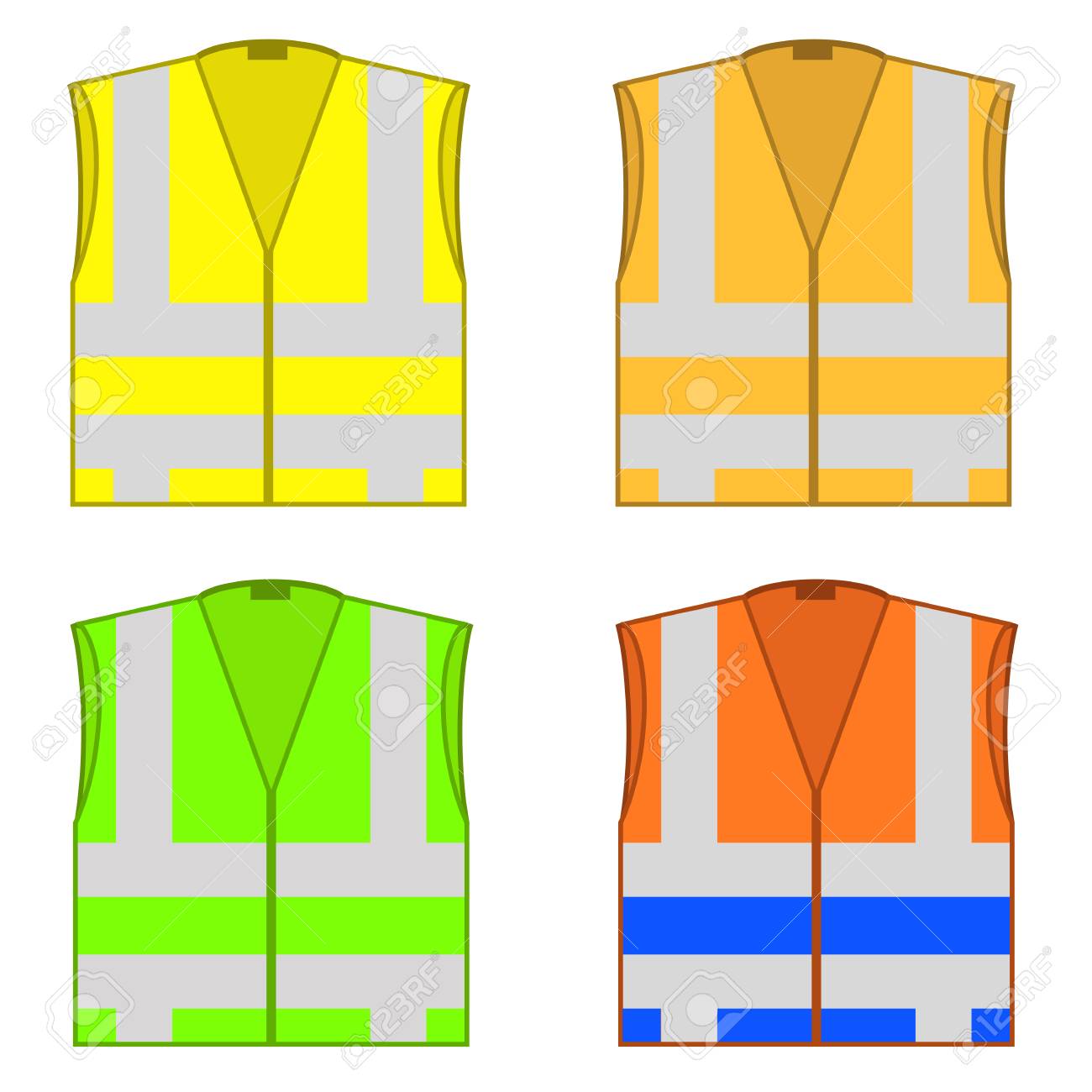 Set of colorful safety jackets isolated on white background. Protective work wear for work, road vests with stripes. Professional high-visibility clothes. - 95889175 Set of colorful safety jackets isolated on white background. Protective work wear for work, road vests with stripes. Professional high-visibility clothes. - 95889175