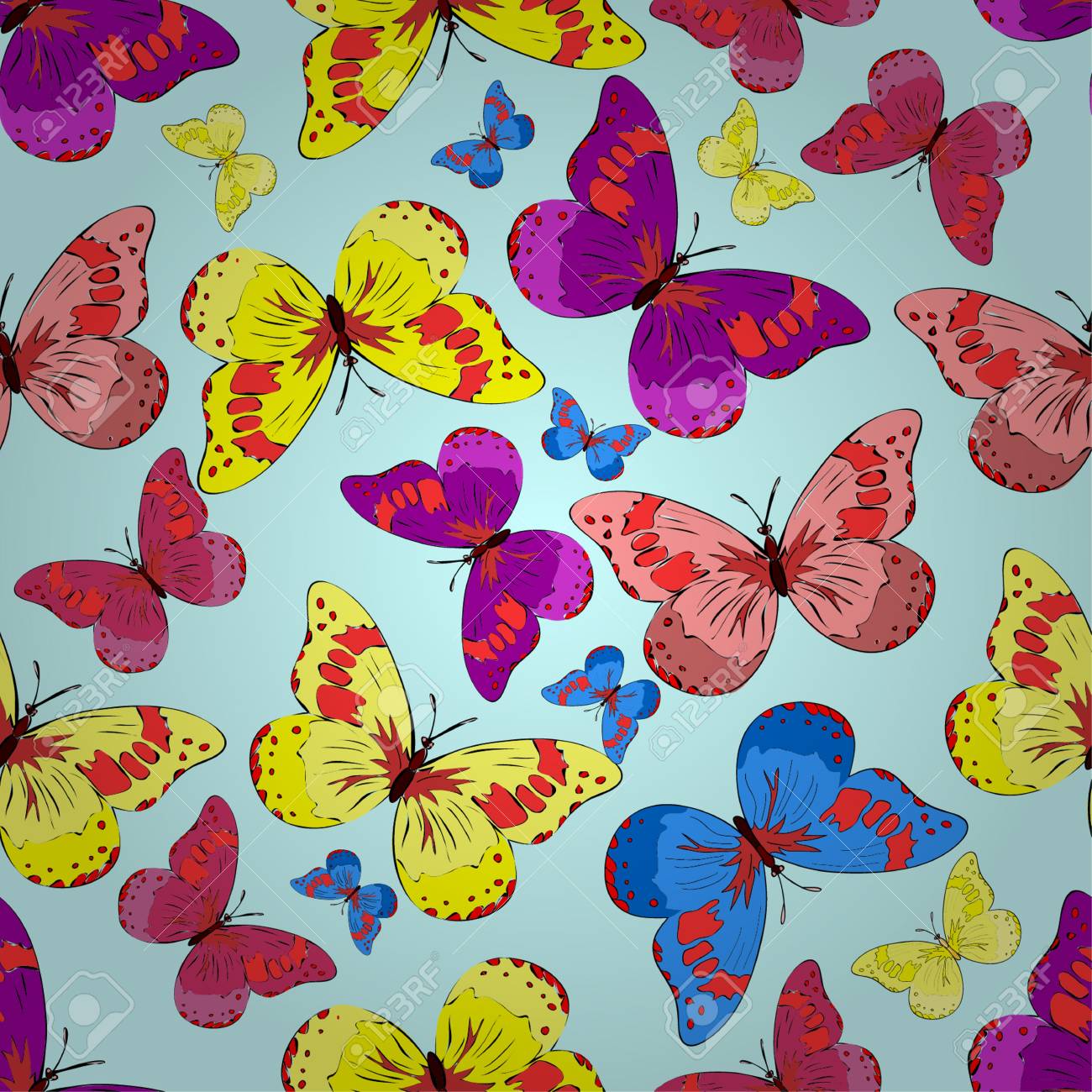カラフルな蝶とシームレスなブルーの模様 ベクトルの図 のイラスト素材 ベクタ Image