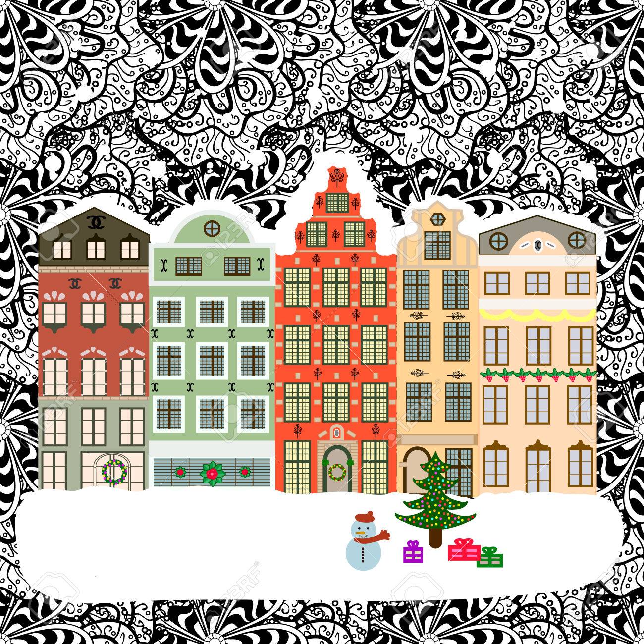 Christmas winter city. Vector xmas card with a decorated snowy old town at Christmas eve. - 60610335 Christmas winter city. Vector xmas card with a decorated snowy old town at Christmas eve. - 60610335