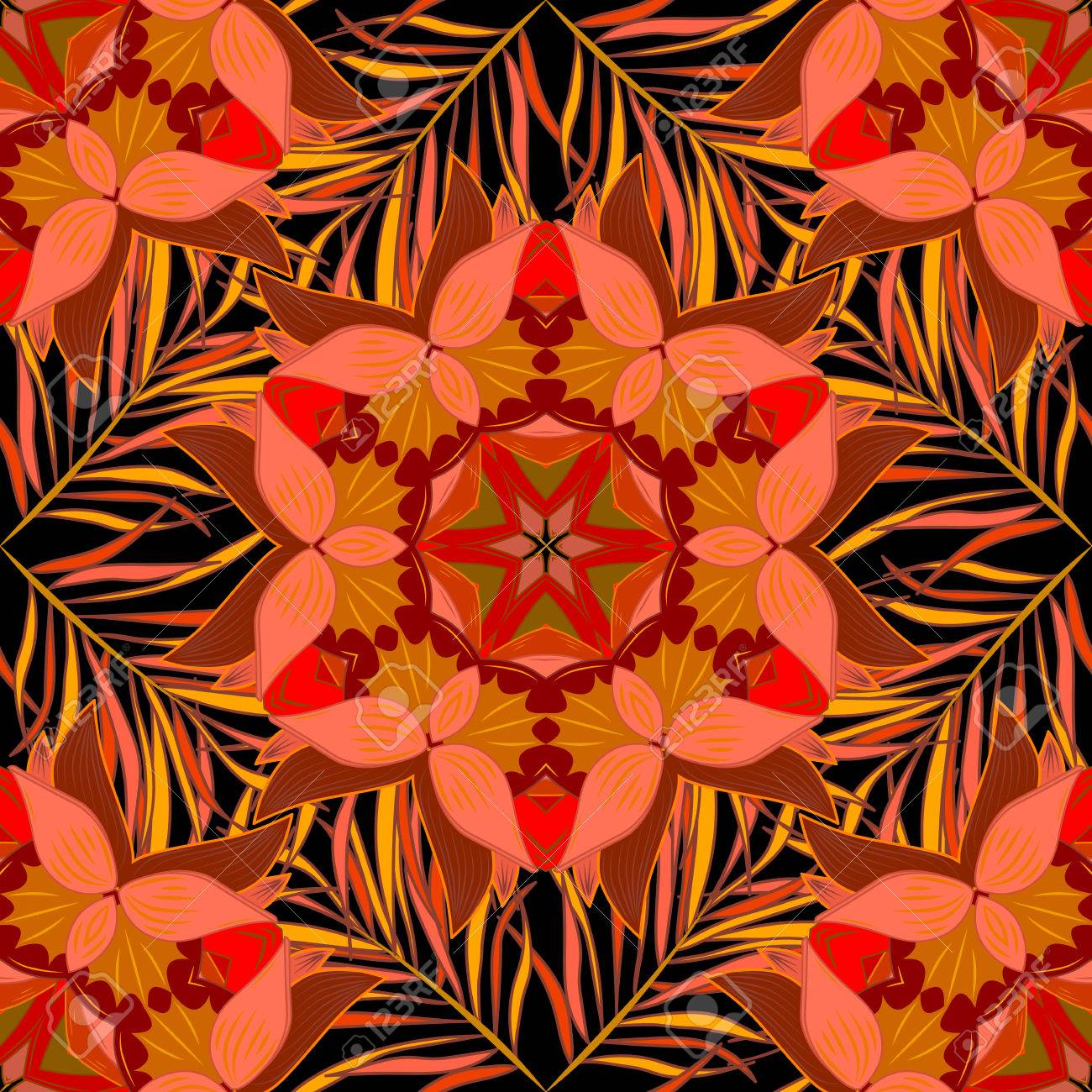 Colorful seamless pattern with flowers and round patterns in intense tropical shades - pink, black, yellow and orange - 62899074 Colorful seamless pattern with flowers and round patterns in intense tropical shades - pink, black, yellow and orange - 62899074