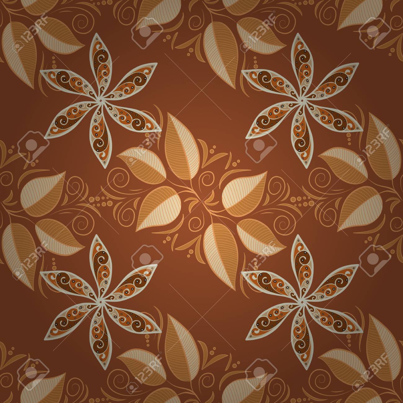 シームレスな茶色の花のベクトルの壁紙パターン ベージュ 葉 放射状グラデーションのパターン の写真素材 画像素材 Image