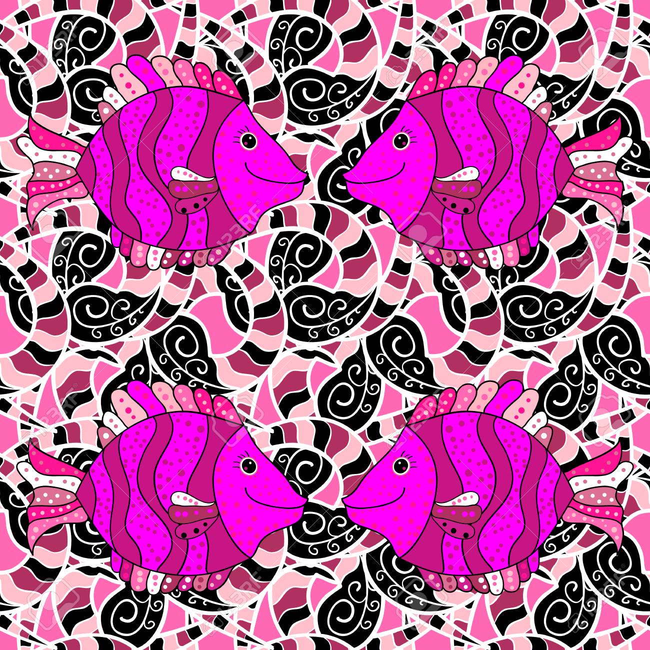 色 Zentangle とシームレスなパターンは 魚をいたずら書き ヴィンテージ 光のピンクの背景にピンク色の魚 のイラスト素材 ベクタ Image