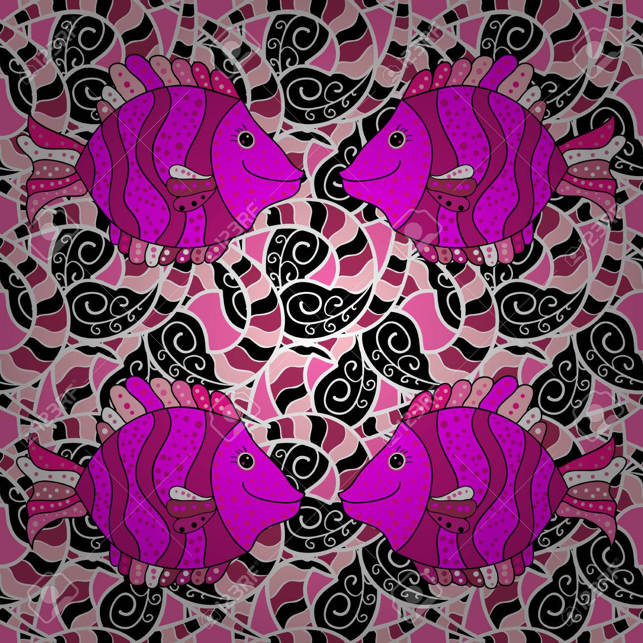 色 Zentangle とシームレスなパターンは 魚をいたずら書き ヴィンテージ 光のピンクの背景にピンク色の魚 放射状グラデーションの影 のイラスト素材 ベクタ Image