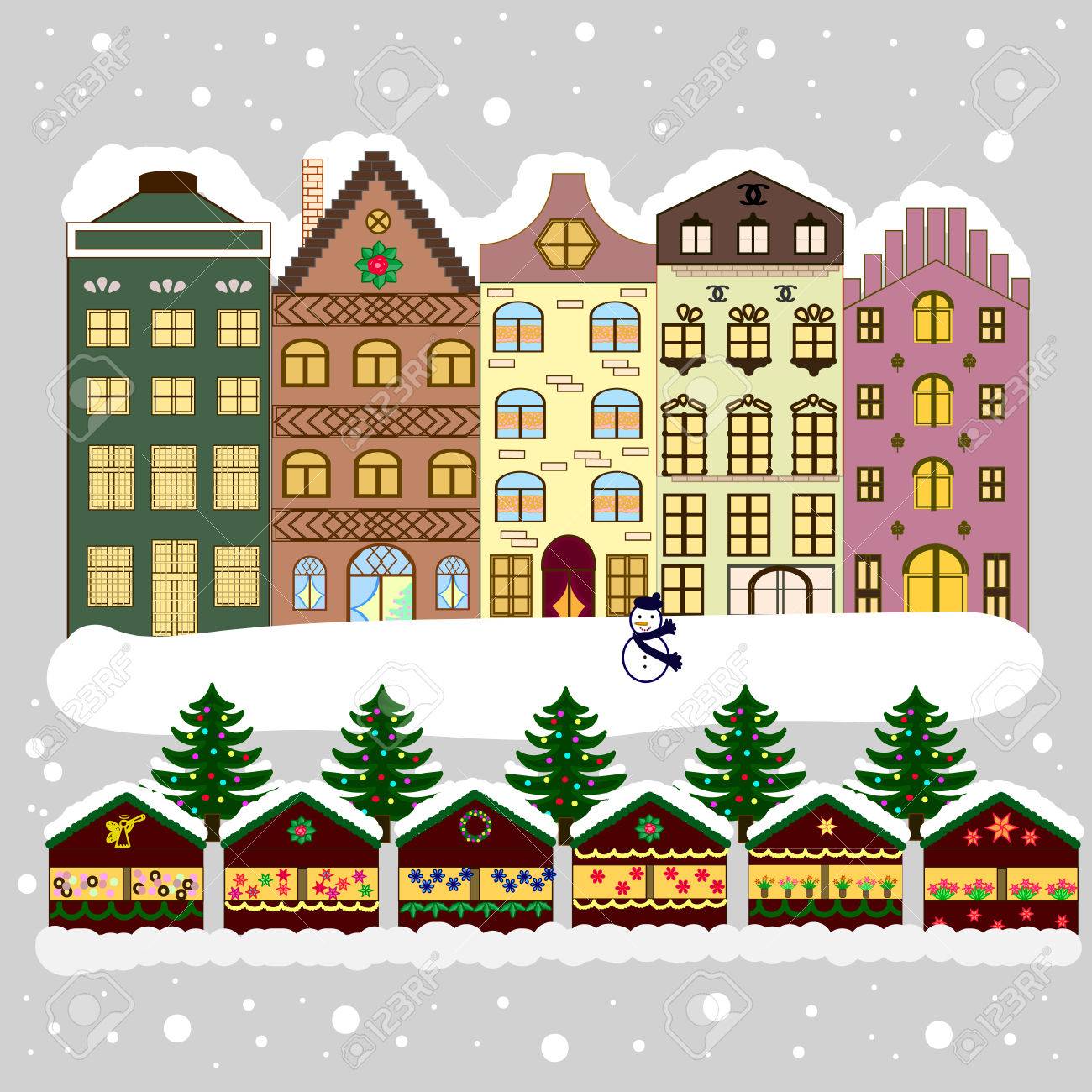 Carte De Voeux. Village En Noël, Bannière En Arrière-Plan Avec De La Neige  Et Des Flocons De Neige. Banque D'images Et Photos Libres De Droits. Image  72229034.