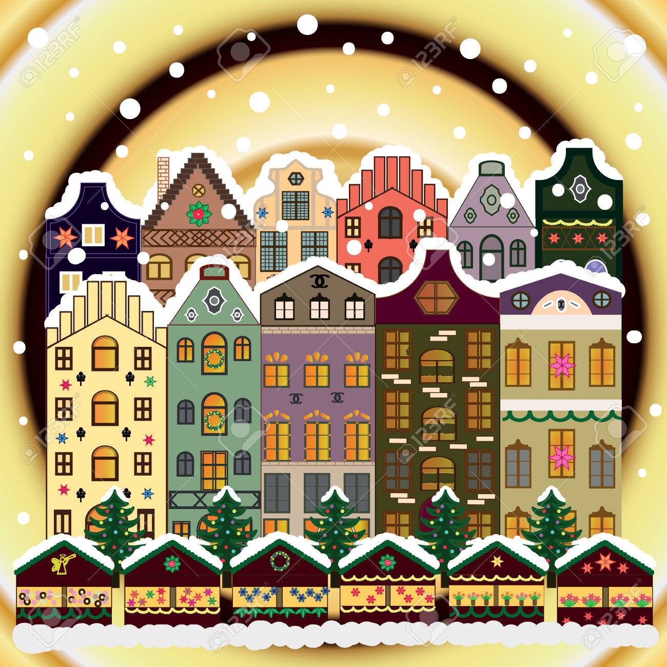 Immagini Di Auguri Vigilia Di Natale.Vettoriale Citta Carina Vigilia Di Natale Paesaggio Urbano Inverno In Citta Abeti Natalizi Paesaggio Di Natura Invernale Vacanze Di Capodanno Case Invernali Strada Albero Biglietto Di Auguri Poster Design Vettore Image 72412559