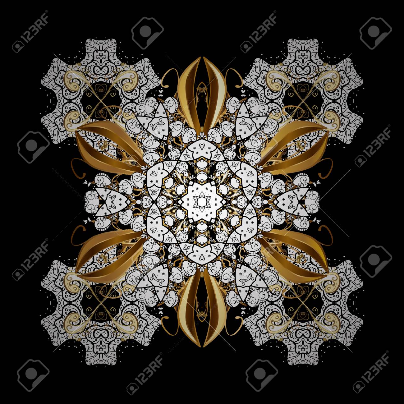 黒い背景に伝統的なアラビア風の内装です スケッチの金色の華やかなイラスト 装飾用レースの網目模様 花飾りとベクトル 東スタイルのビンテージ デザイン要素です のイラスト素材 ベクタ Image