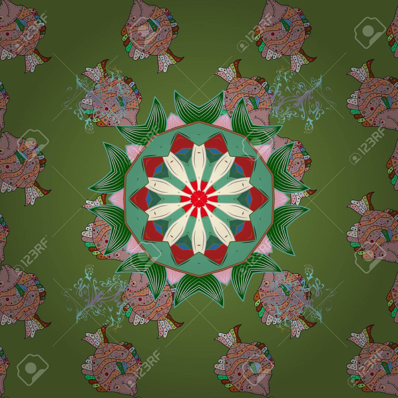 Oriente Islam Tailandes Indio Motivos Del Otomano Tribal Abstracto Patron De La Mandala Arabe Ornamento Decorativo De La Vendimia Mandala Del Vector Coloreado En Fondo Verde Oriente Encaje De Simetria Simbolo De