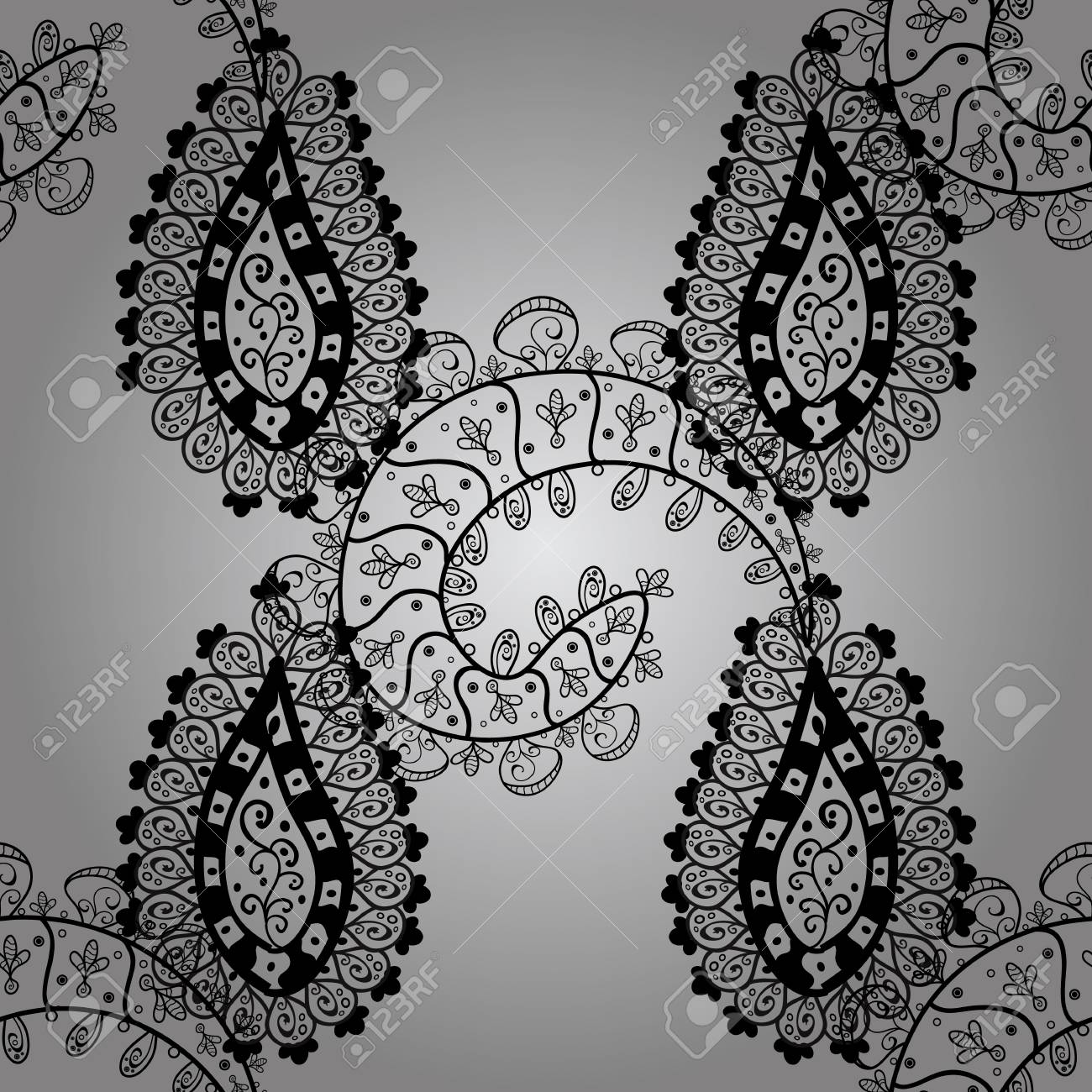 花飾りとシームレスなパターンをベクトルします スケッチの Dim の華やかなイラスト 装飾用レースの網目模様 東スタイルのビンテージ デザイン要素です 灰色の背景に伝統的なアラビア風の内装です のイラスト素材 ベクタ Image