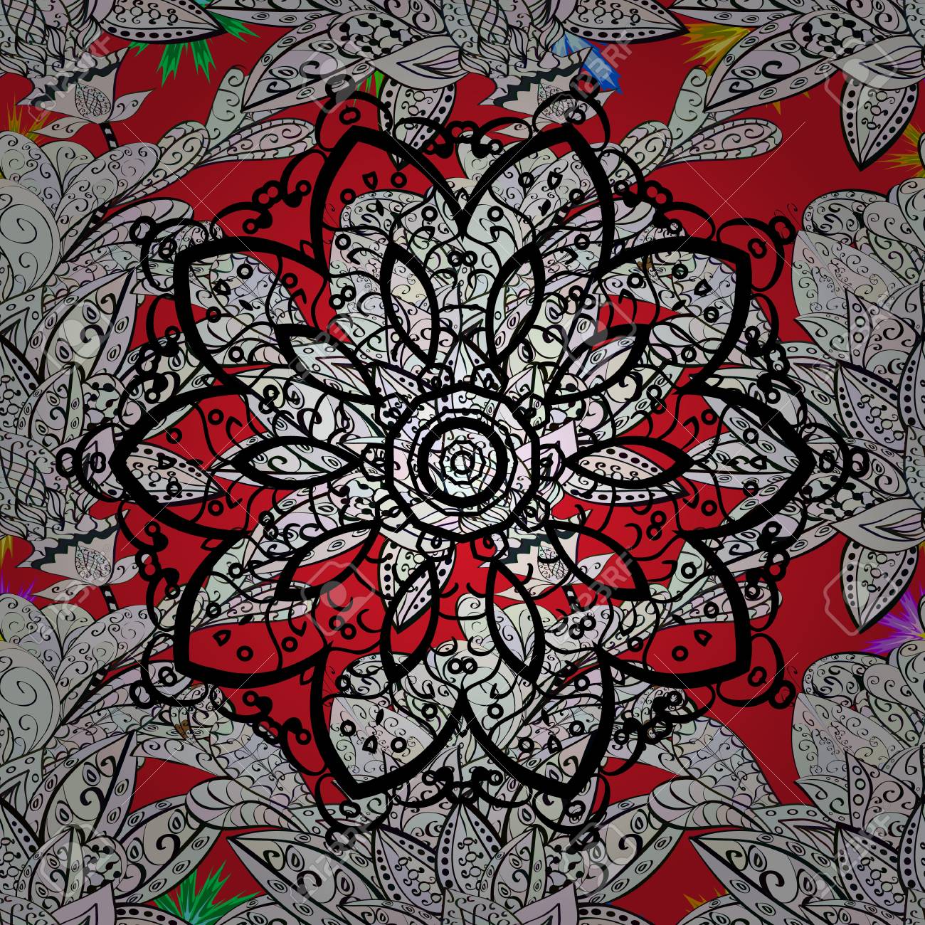 Elementos Decorativos Vintage Islam Arabe Indio Motivos Otomanos Vector Azulejo De Patrones Sin Fisuras Con Mandalas Perfecto Para Imprimir En Tela O Papel Boceto Dibujado A Mano Sobre Fondo Rojo Ilustraciones Vectoriales