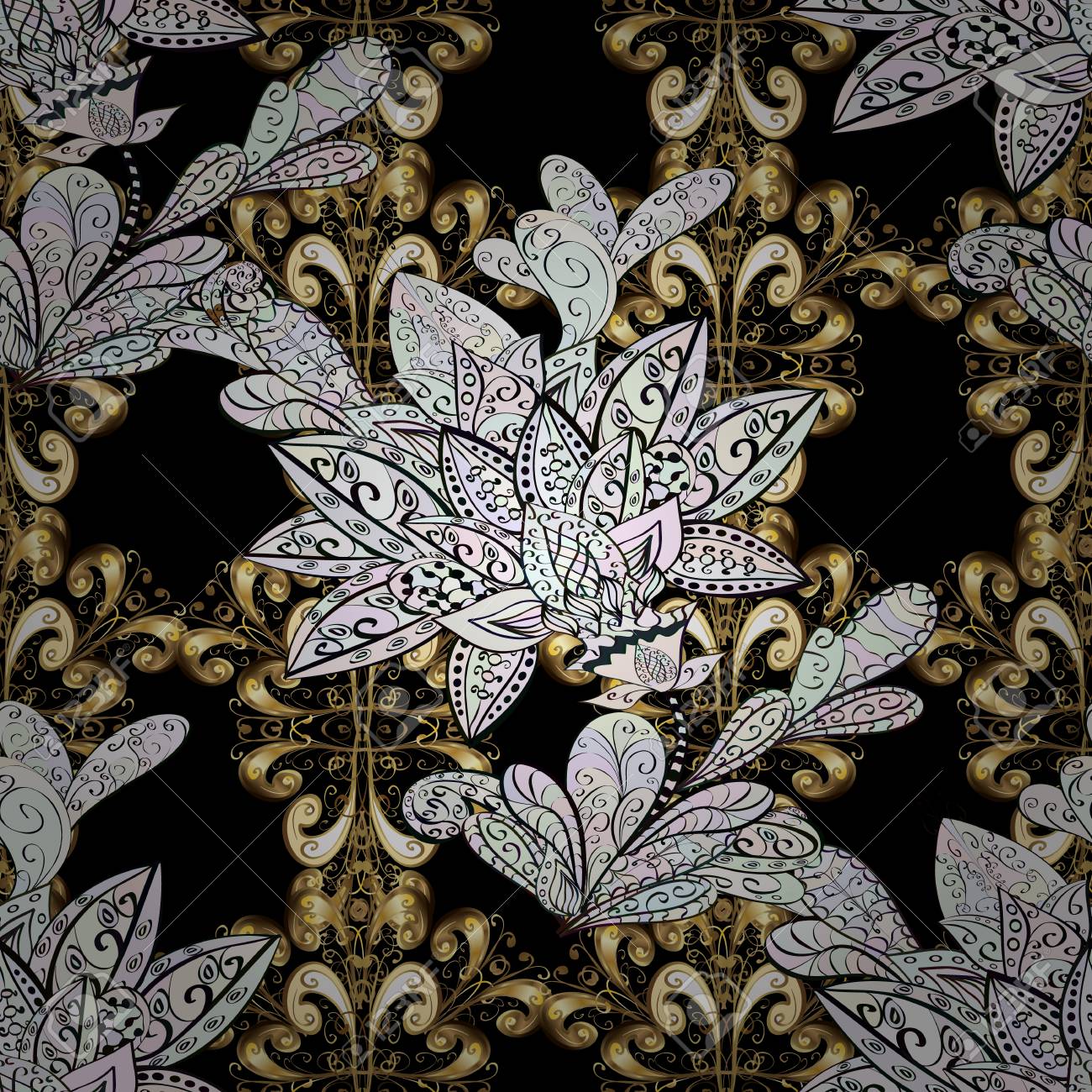 バロック様式のゴールドブラック ニュートラル グレーの花の装飾 黒 ニュートラル グレーの黄金色 テクスチャの背景に金の壁紙 ダマスクシームレスなパターン繰り返し背景 のイラスト素材 ベクタ Image