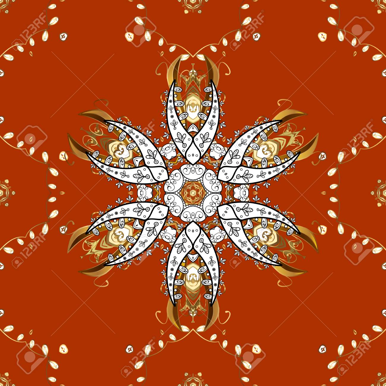 壁紙のための黄金の華やき オレンジ ホワイト ブラウンの伝統的なアラビア風の装飾 東部スタイルのヴィンテージデザイン要素 花の装飾とベクトルシームレスなパターン 観賞用レースのトレース のイラスト素材 ベクタ Image