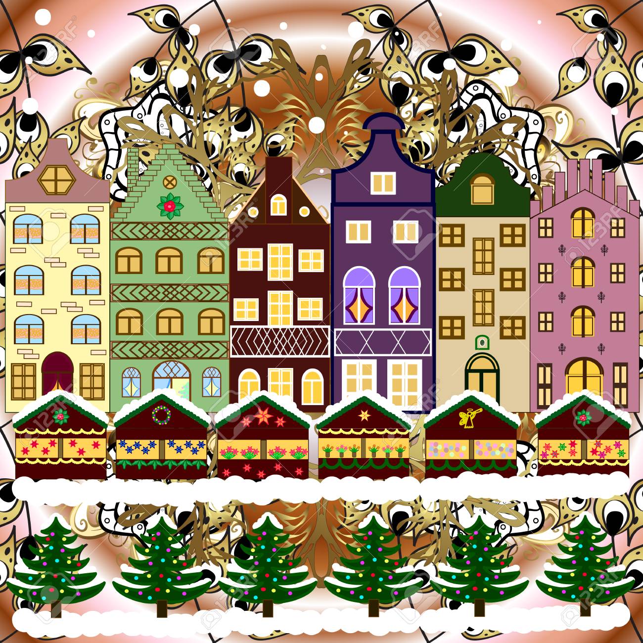 冬の家 道路 木 グリーティングカード ポスターデザイン 年末年始 都市 景観 ラスター 冬の自然の風景 かわいい町のクリスマスイブ ラスター 市内の冬 クリスマスの装飾モミの木 のイラスト素材 ベクタ Image